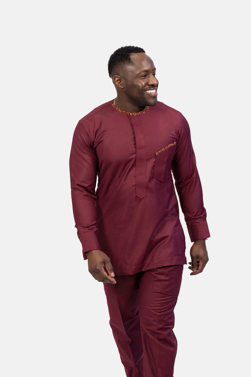 Tarkwa Men's Print Wine Collared Henley Shirt